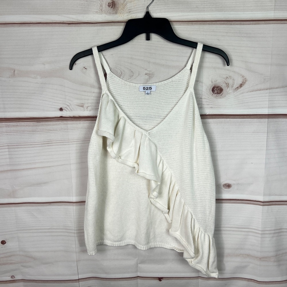 525 America Top Womens Large Ivory Cami Tank Sweater Knit Ruffle Spaghetti Strap